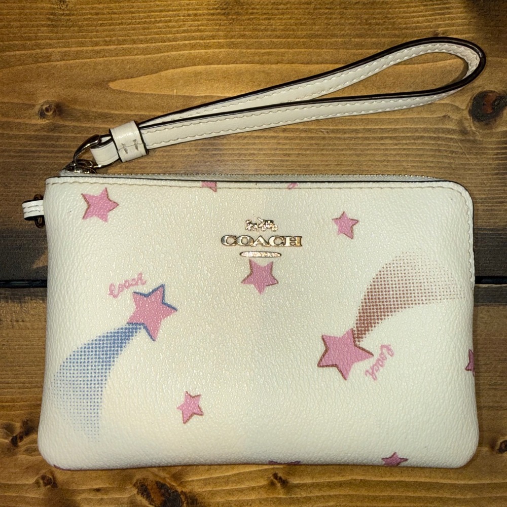 Coach Disco Shooting Star Corner Zip Wristlet Chalk White PVC‎ Canvas Leather